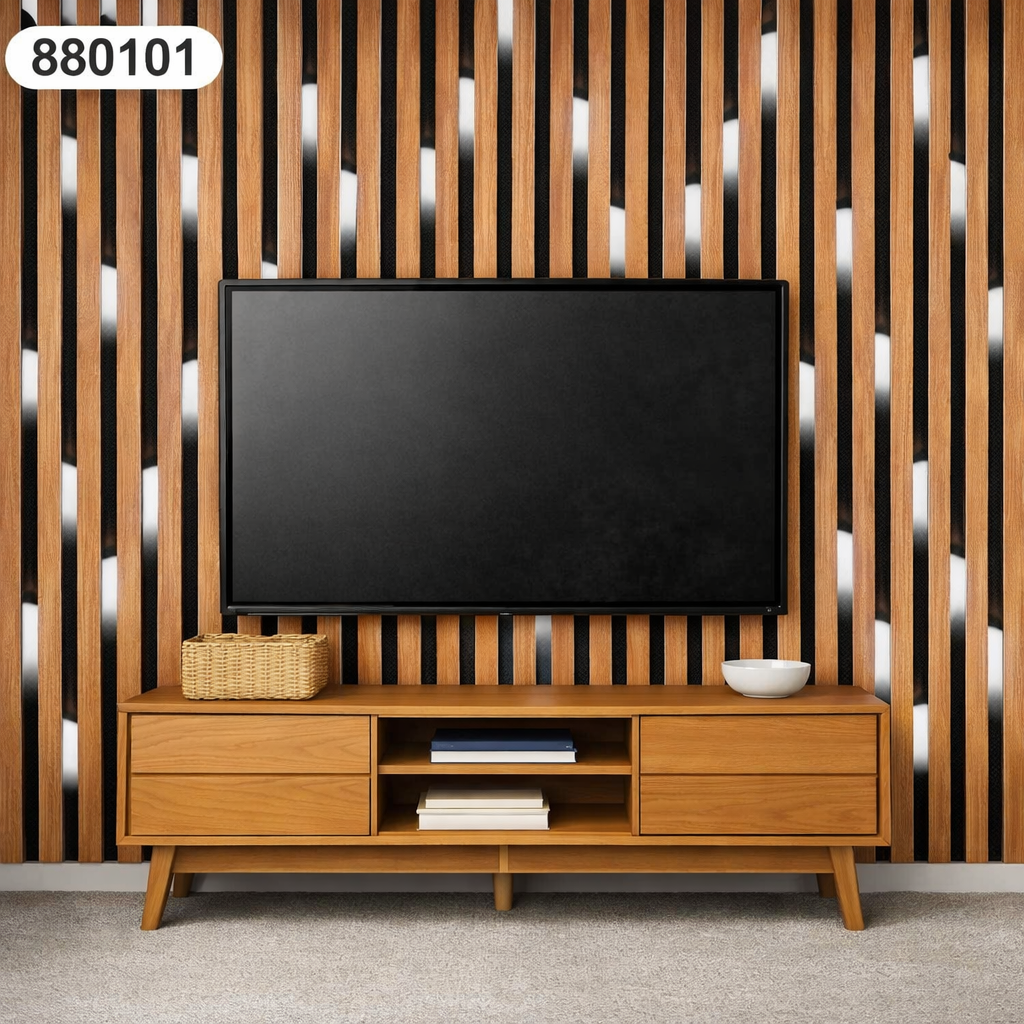 3D Brown Wood Fluted Wall Panel With Strips of Light Effect Wallpapers 880101