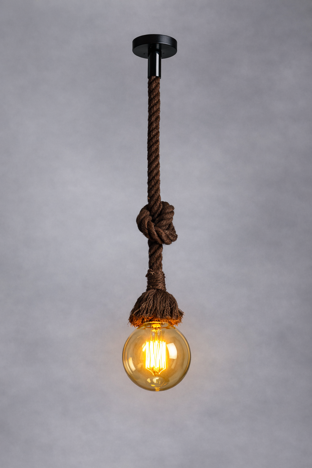 Single Bulb Sisal Dark Brown Rope Hemp Pendant Light One Bulb Chandelier With Large Round Filament Edison Bulb