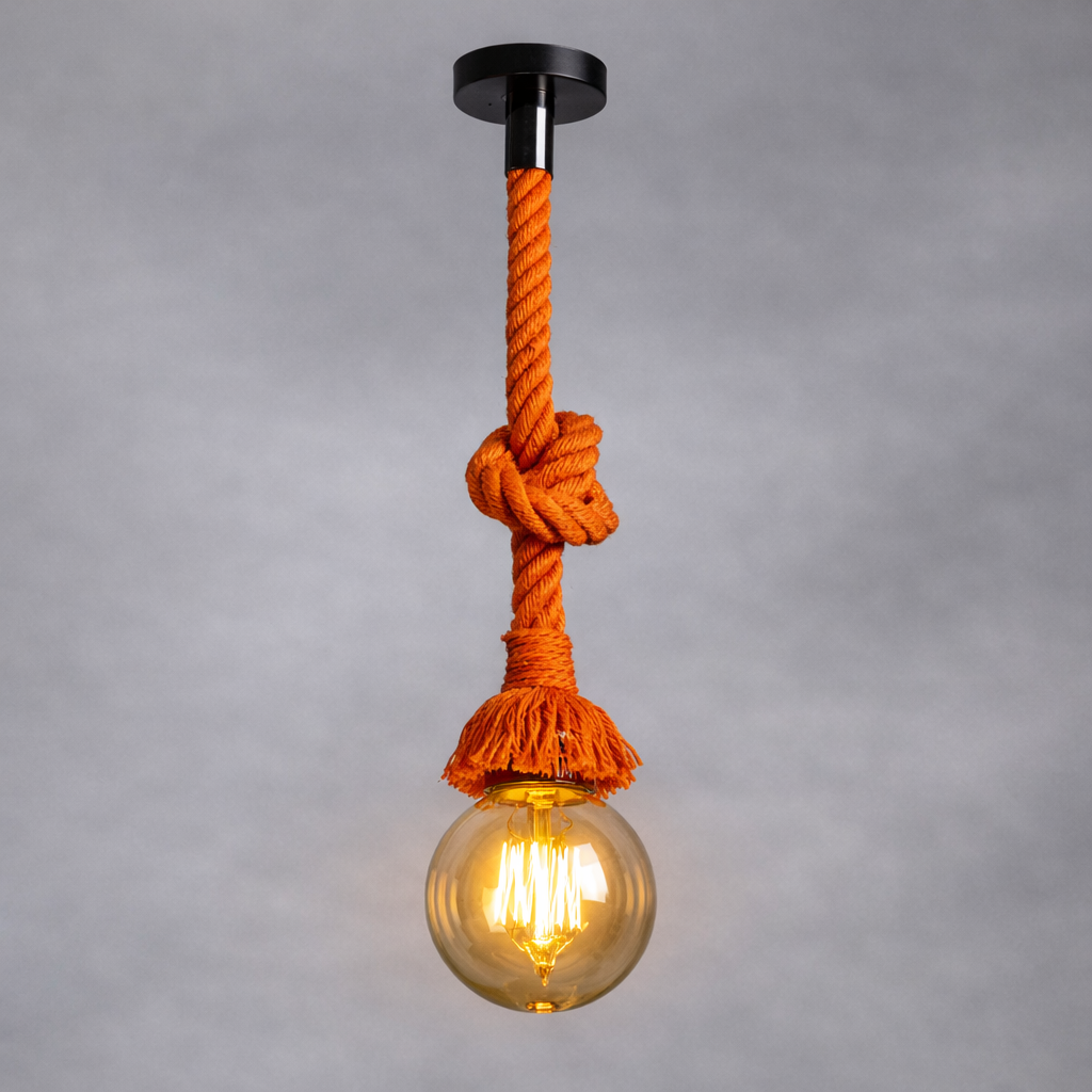 Single Bulb Sisal Orange Rope Hemp Pendant Light One Bulb Chandelier With Large Round Filament Edison Bulb