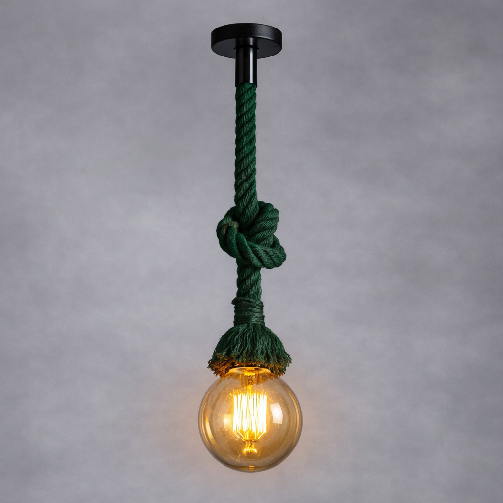 Single Bulb Sisal Jungle Green Rope Hemp Pendant Light One Bulb Chandelier With Large Round Filament Edison Bulb