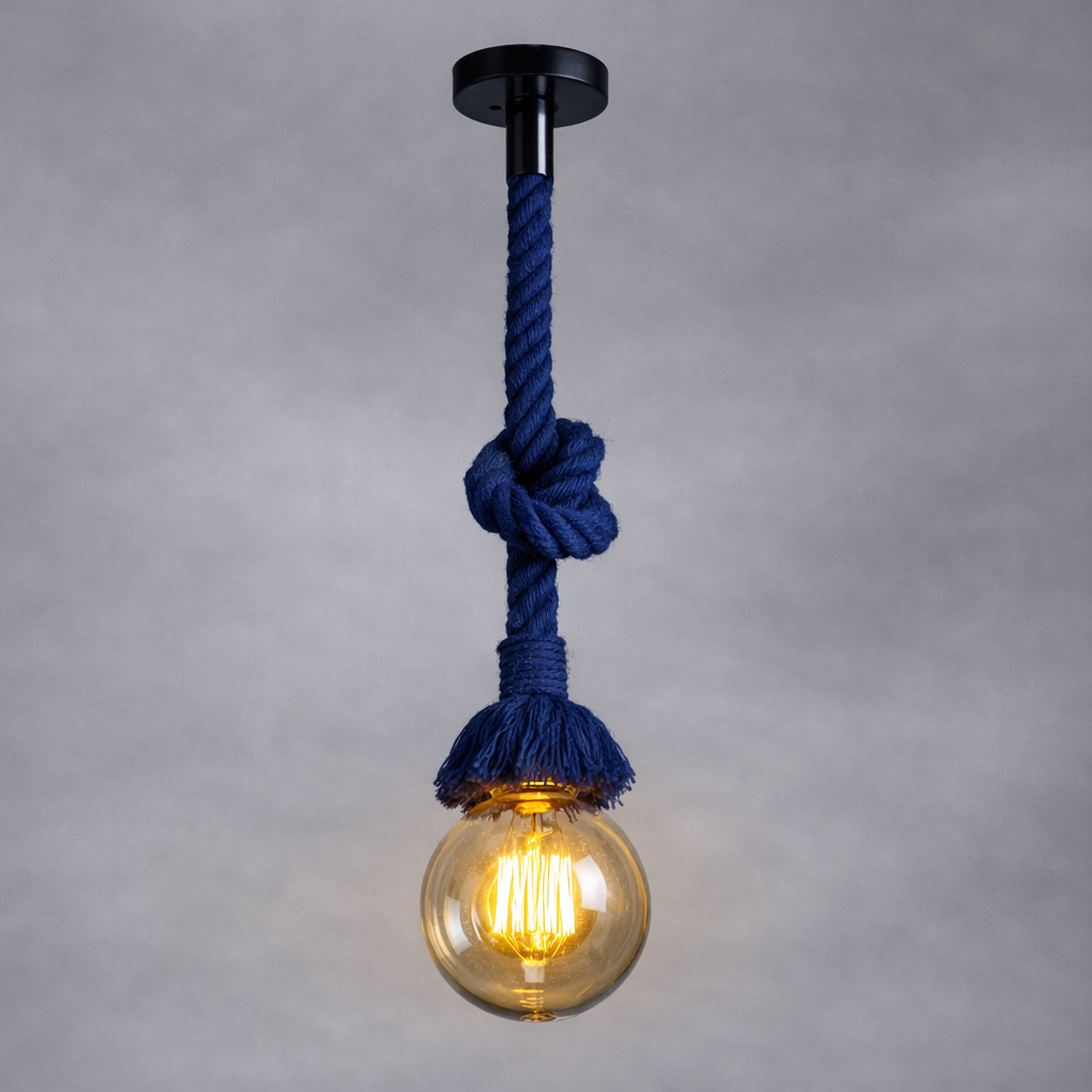 Single Bulb Sisal Navy Blue Rope Hemp Pendant Light One Bulb Chandelier With Large Round Filament Edison Bulb