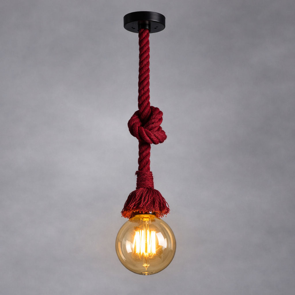 Single Bulb Sisal Deep Red Rope Hemp Pendant Light One Bulb Chandelier With Large Round Filament Edison Bulb