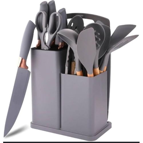 19PCs Set Of Silicone & Wood Spoon And Knife Set - Includes Chopping Board