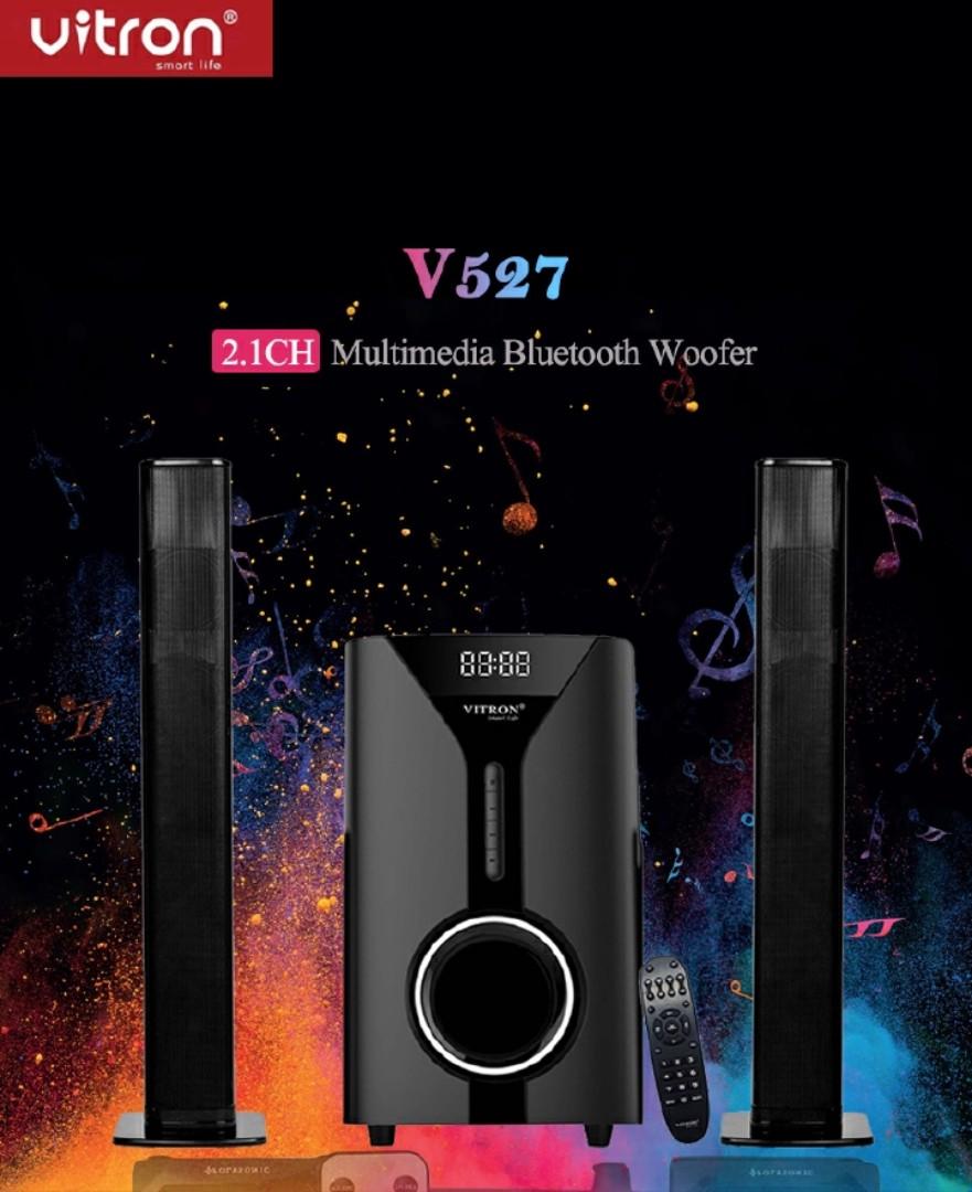 Vitron 2.1CH Multimedia Bluetooth Woofer Speaker System V527 Subwoofer Soundbar BT/USB/SD/FM Subwoofer Home Audilo System Soundbar with Remote Control 9000W V527