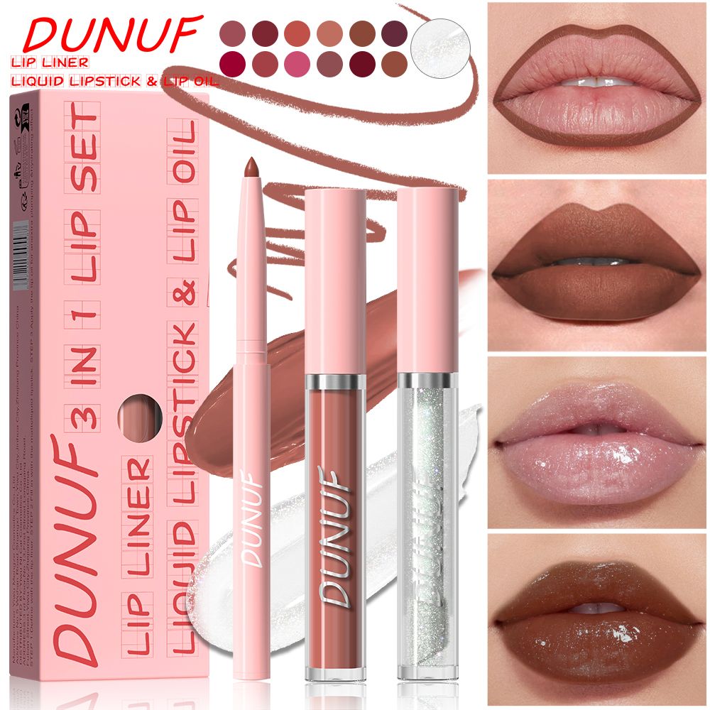 DUNUF 3 in 1 Matte Lip Gloss & Lip Liner Set - Waterproof, Sweatproof, Long-Lasting, Easy to Apply - Perfect for All Skin Types