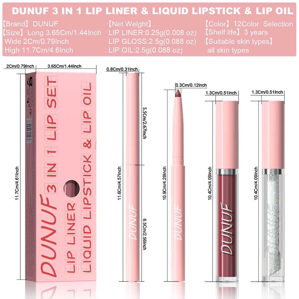 DUNUF 3 in 1 Matte Lip Gloss & Lip Liner Set - Waterproof, Sweatproof, Long-Lasting, Easy to Apply - Perfect for All Skin Types view 7