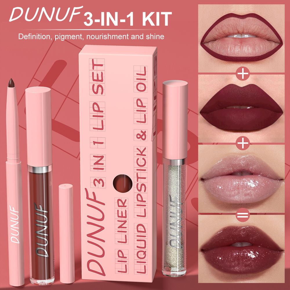 DUNUF 3 in 1 Matte Lip Gloss & Lip Liner Set - Waterproof, Sweatproof, Long-Lasting, Easy to Apply - Perfect for All Skin Types view 3