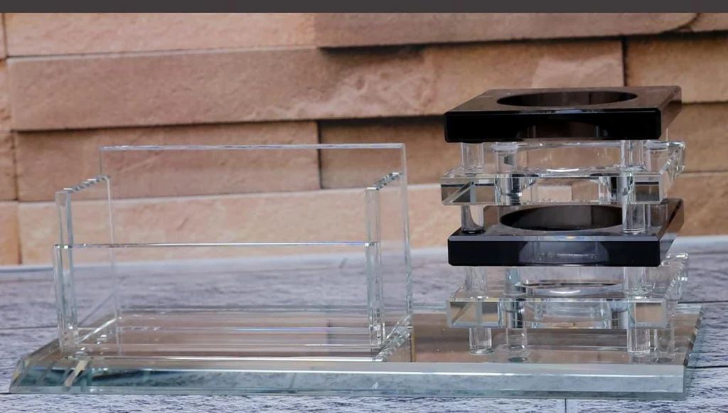 STATIONERY Multi-Compartment Acrylic Display Stand – Brochure & Cylinder Holder with Black Accents