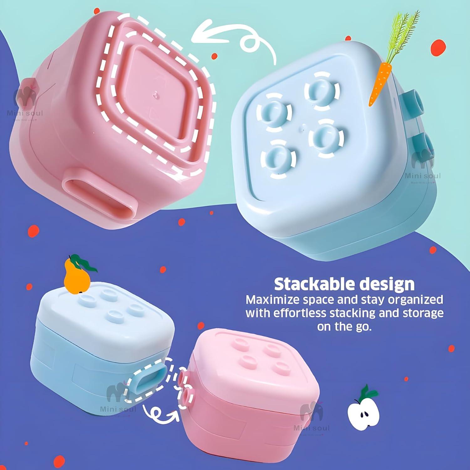 Pack of 4 Stackable Food Snack Containers (120ml X4) for Baby and Toddlers Food, Multicolor, Leak Proof Lids, for School and Travel, Block Design, Weaning Pots