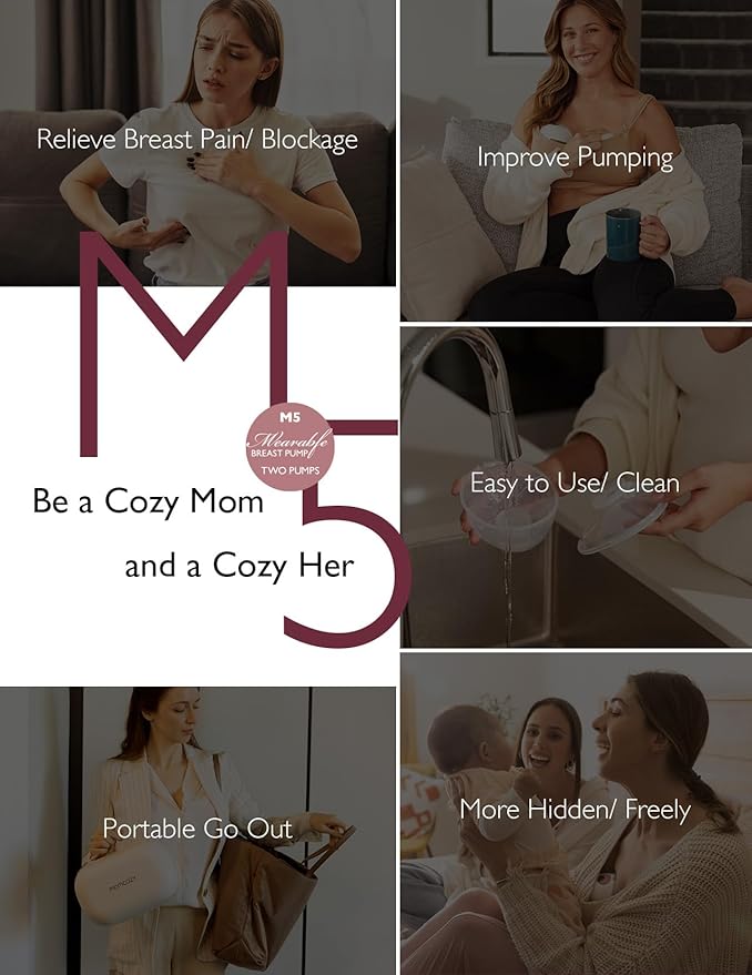 Momcozy Hands Free Breast Pump M5, Double Wearable Breast Pump of Baby Mouth Double-Sealed Flange with 3 Modes & 9 Levels, Electric Breast Pump Portable - 24mm, 2 PCS Quill Gray