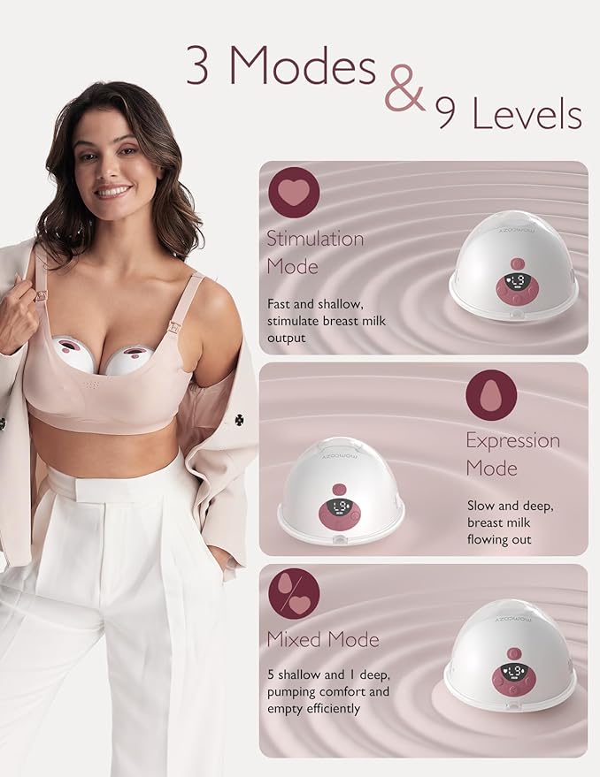 Momcozy Hands Free Breast Pump M5, Double Wearable Breast Pump of Baby Mouth Double-Sealed Flange with 3 Modes & 9 Levels, Electric Breast Pump Portable - 24mm, 2 PCS Quill Gray
