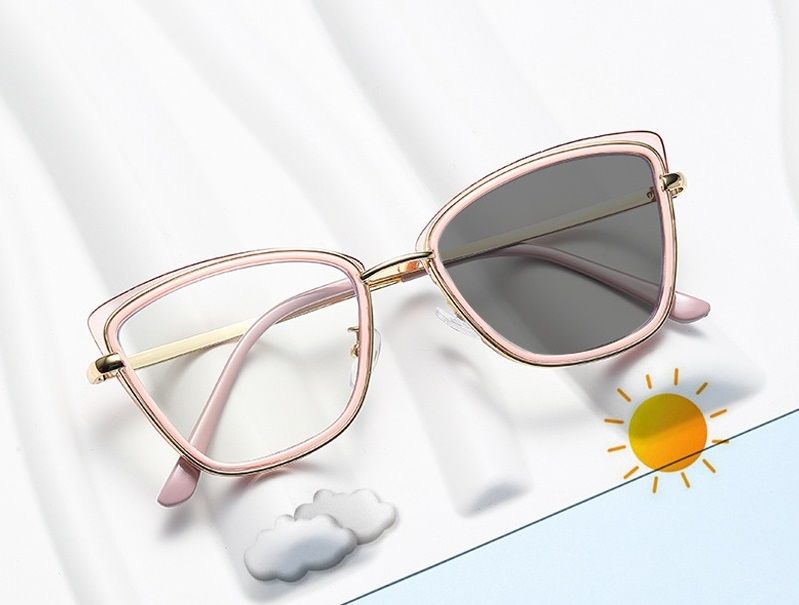 2025 Custom Logo Photo Grey Glasses New Women Optical Blue Light Optical Glasses Metal Cat Eye Photochromic Eyeglasses Frame 1PC