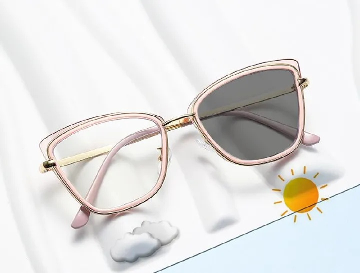 2025 Custom Logo Photo Grey Glasses New Women Optical Blue Light Optical Glasses Metal Cat Eye Photochromic Eyeglasses Frame 1PC