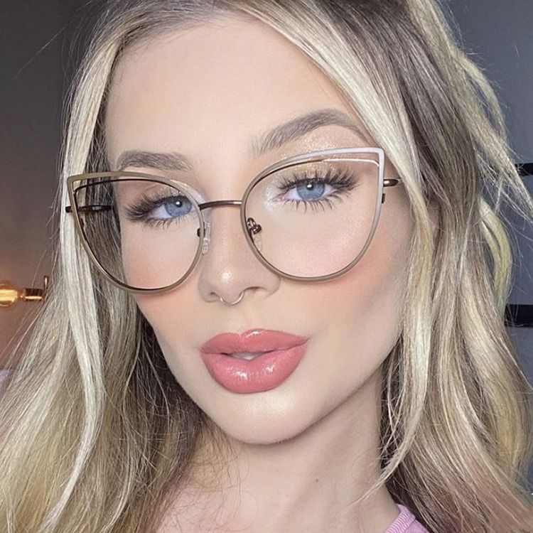 Anti-Blue Hollowed Cat Eye Metal Glasses Frame Flat Lens Fashion Retro Can Be Matched With Myopia Glasses Frame  Cat eye metal glasses 1PC