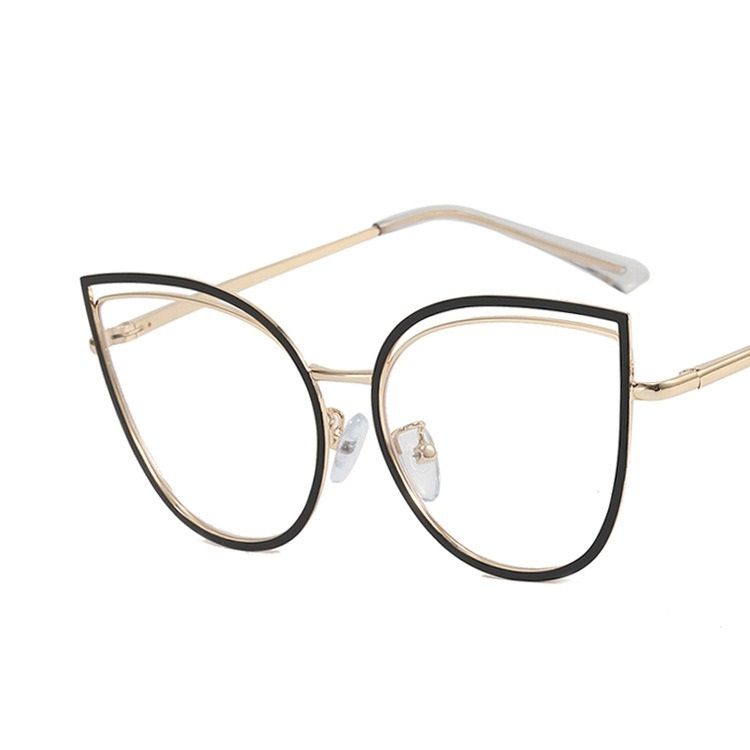 Anti-Blue Hollowed Cat Eye Metal Glasses Frame Flat Lens Fashion Retro Can Be Matched With Myopia Glasses Frame  Cat eye metal glasses 1PC