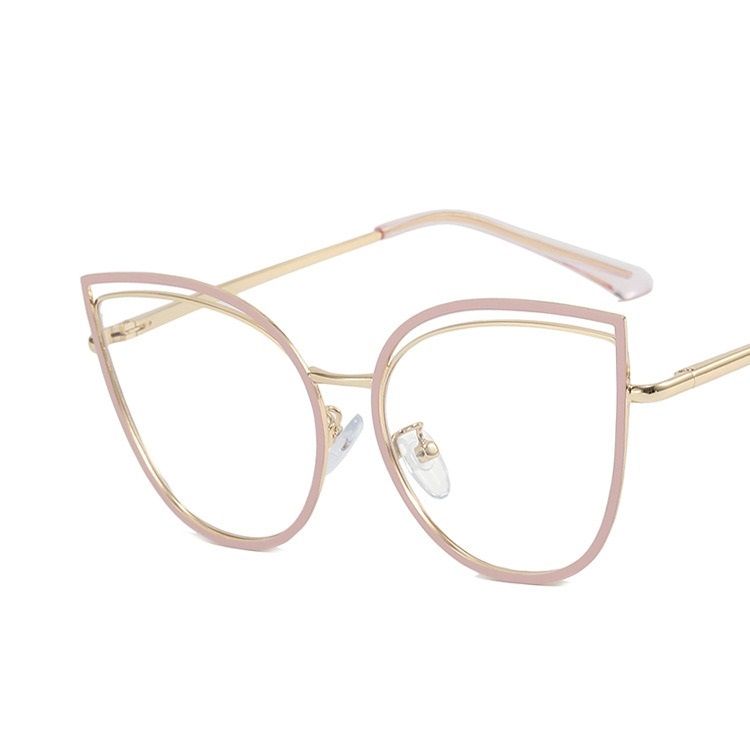 Anti-Blue Hollowed Cat Eye Metal Glasses Frame Flat Lens Fashion Retro Can Be Matched With Myopia Glasses Frame  Cat eye metal glasses 1PC
