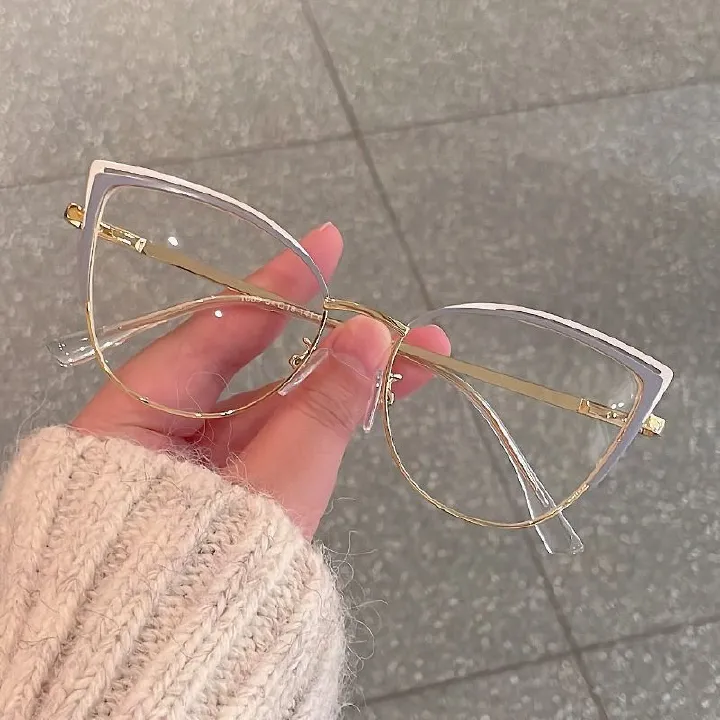 Half Frame Cat Eye Eyeglasses Anti Blue Light Eyewear for Women Metal High Quality Glasses 1PC