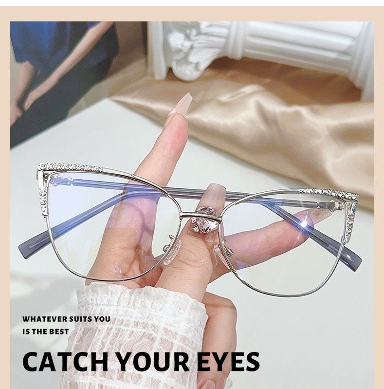 2025 Luxury Diamond Cat Eye Anti-Blue Light Glasses Women Optical Lens Multi-color Splicing Metal Frame Computer Reading Glasses 1PC