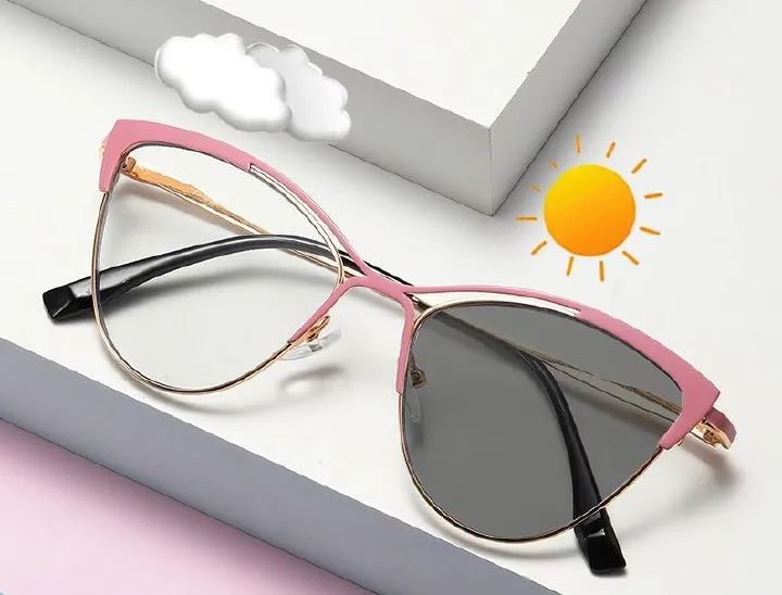 Fashion New Photochromic Women Optical Blue Light Optical Glasses Anti Blue Glass Metal Cat Eye Photochromic Eyeglasses Frame 1PC