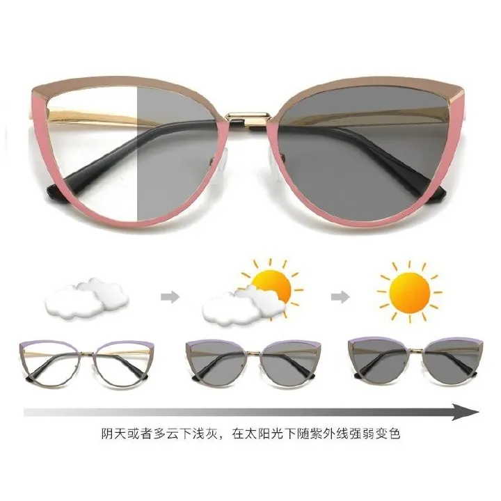 Fashion Cat Eye Frame Color Changing Blue Light Blocking Photochromic Lens Lunettes Photochromic Anti Blue Light Photocromic 1PC