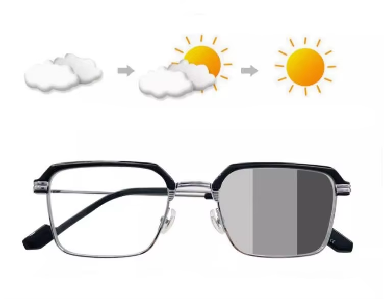 HX01 Custom Logo Fashion Anti-Blue Light Discoloration Glasses Square Frame Photochromic Reading Phototropy Glasses for Men 1PC