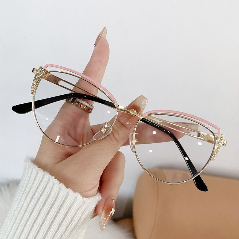 Diamond Decorate Color Changing Women Men Square Glasses Metal Optical Eyeglasses Photochromic Anti Blue Light Cat Eye Glasses 1pc