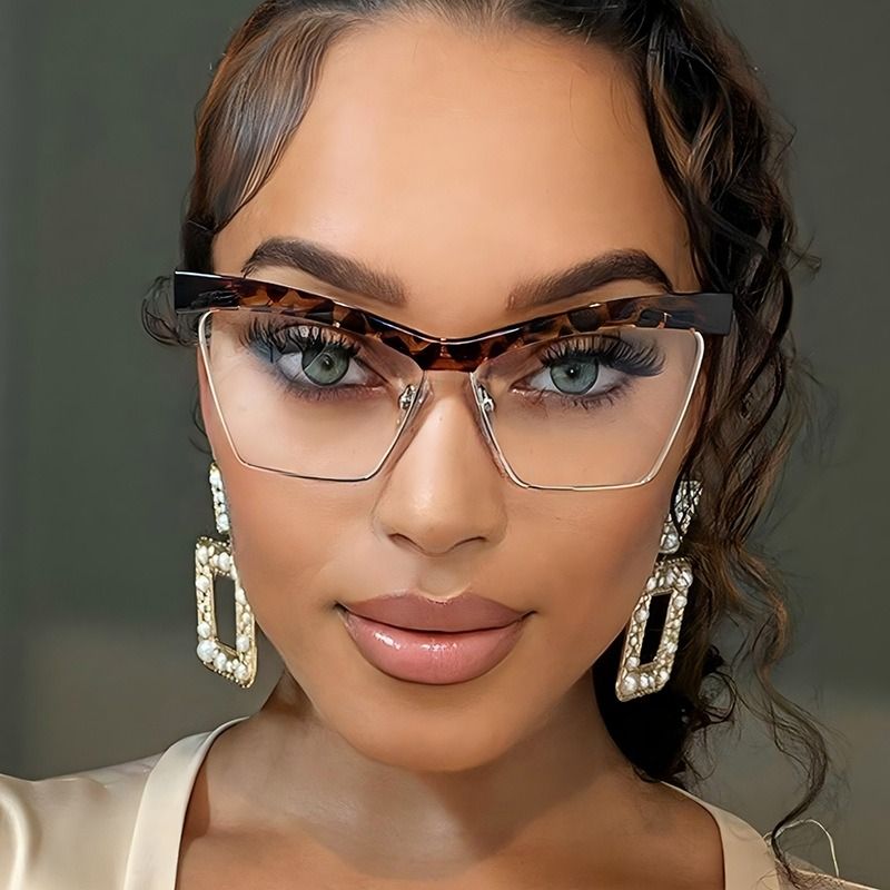 Unique Semi-Rimless Leopard Cat Eye Eyeglasses Women 2025 New Fashion Clear Lens Computer Glasses Ladies Trend Oversized Eyewear 1PC