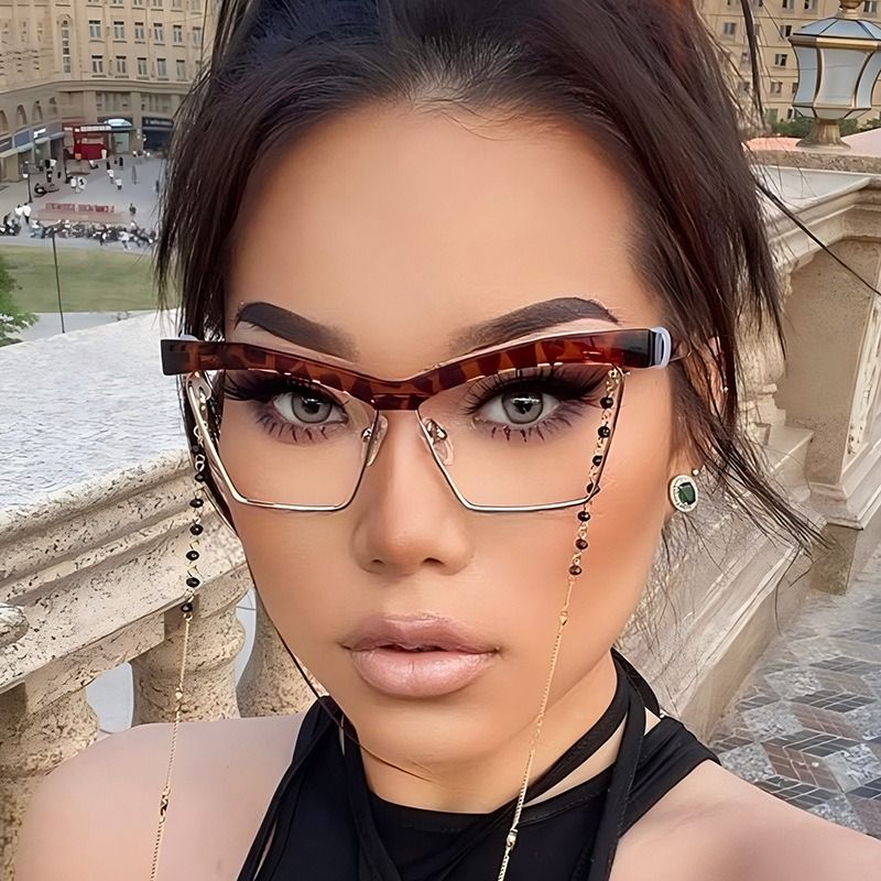 Unique Semi-Rimless Leopard Cat Eye Eyeglasses Women 2025 New Fashion Clear Lens Computer Glasses Ladies Trend Oversized Eyewear 1PC