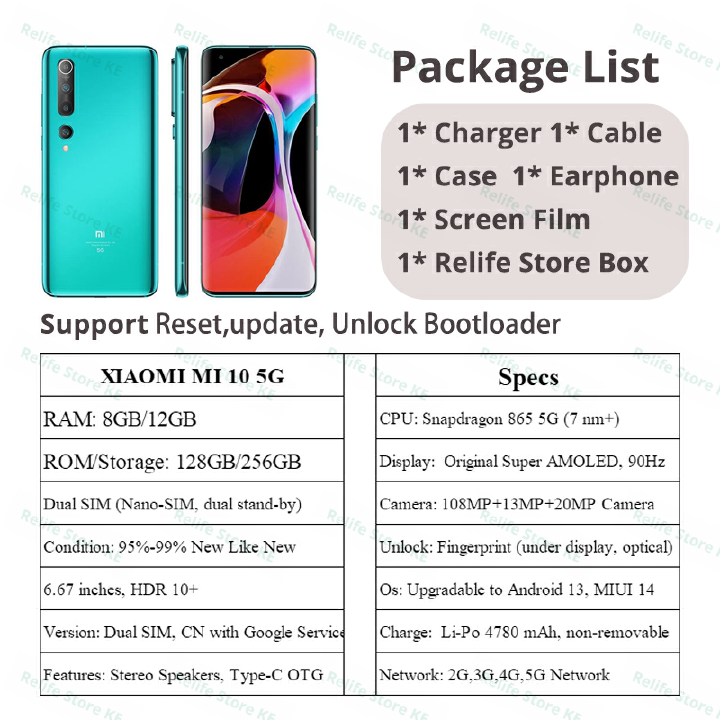 Refurbished Phone XIAOMI MI 10 12(8+4)GB RAM 90Hz AMOLED Snapdragon 865 5G 108MP Underdisplay Fingerprint 4780mAh VC Liquid Cool Dual 5G Network Wifi-6 Smart Phones