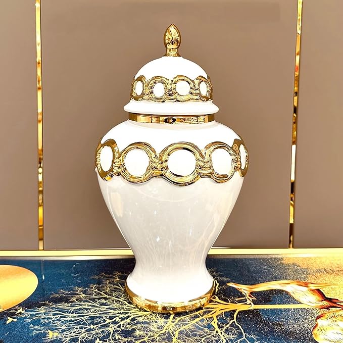Stylish White & Gold Ceramic Vase – Eye-Catching Decor Piece for Living Rooms & Offices (37 x 21 cm)