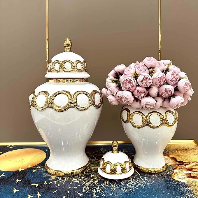 Stylish White & Gold Ceramic Vase – Eye-Catching Decor Piece for Living Rooms & Offices (37 x 21 cm)