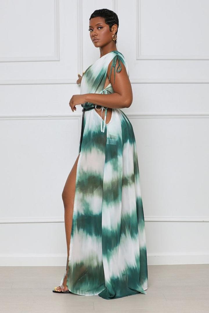 Chiffon Cut out belted maxi dress with two front slits and complete with a faux  leather belt/ beach cover up