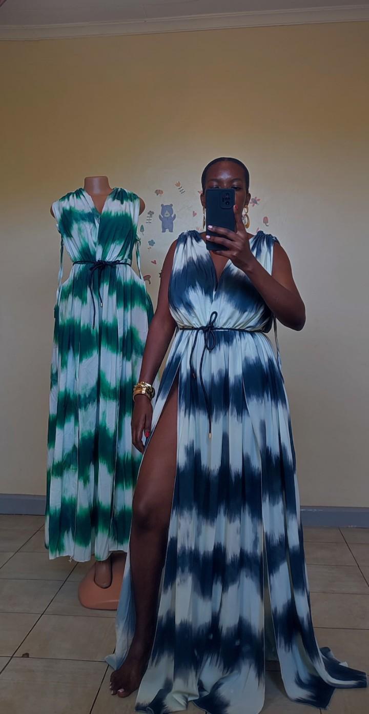 Chiffon Cut out belted maxi dress with two front slits and complete with a faux  leather belt/ beach cover up