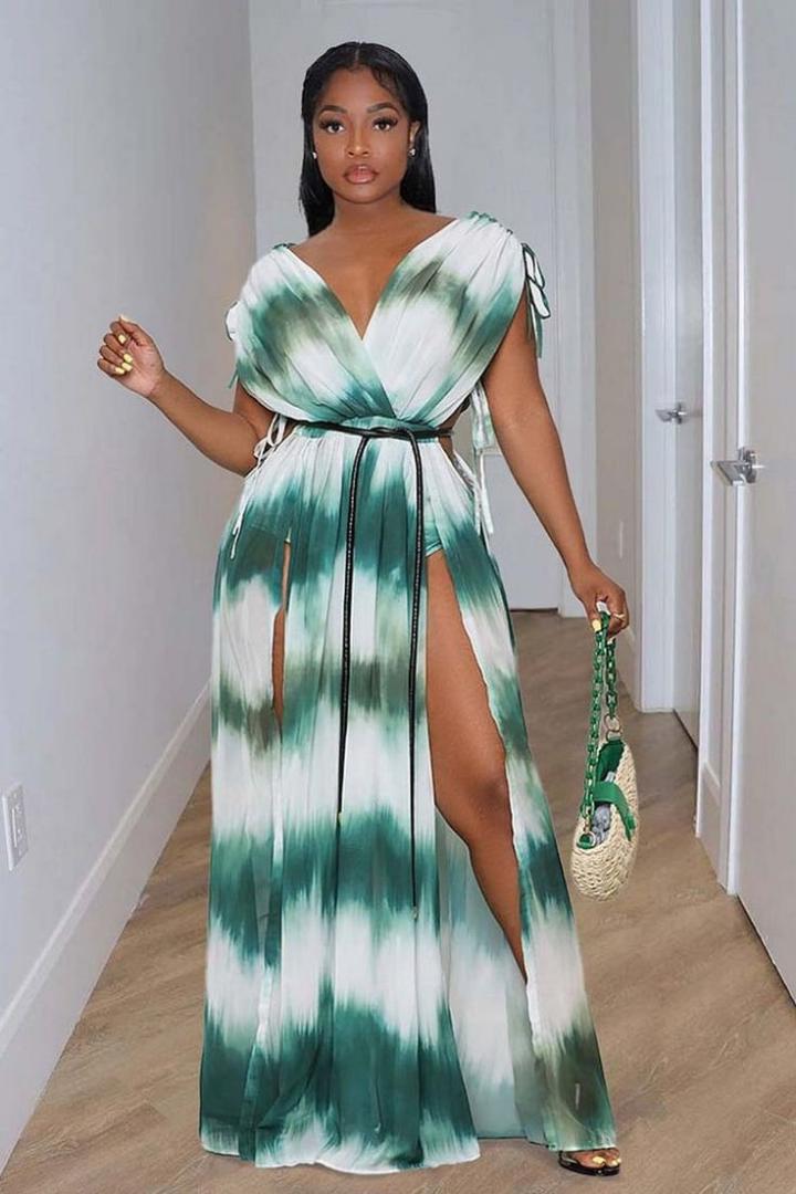 Chiffon Cut out belted maxi dress with two front slits and complete with a faux  leather belt/ beach cover up