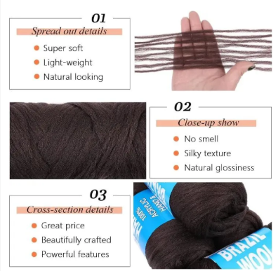 4Pcs Dark Brown Brazilian Wool Hair for Braids Acrylic Hand Knitting Yarn for Hair Braiding Hair Extension Faux Locs African Crochet Braid