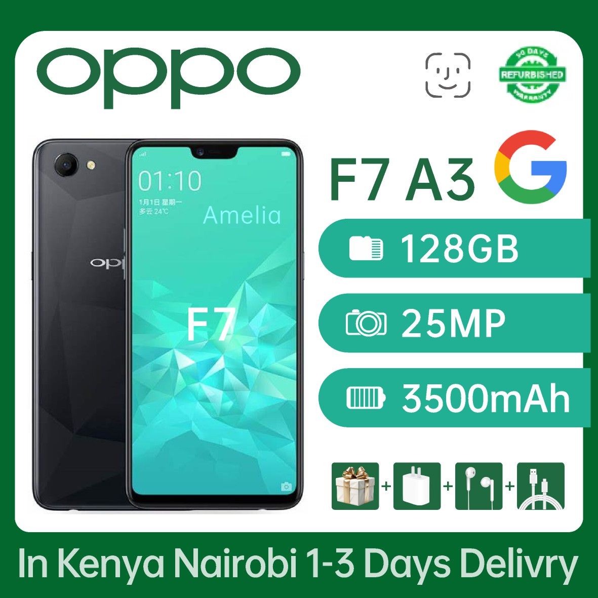 Refurbished OPPO F7 A3 Smartphone 128GB 2G 3G 4G/ LTE Dual SIM Smartphone 6.23 inches , Facial Recognition  3500mAh