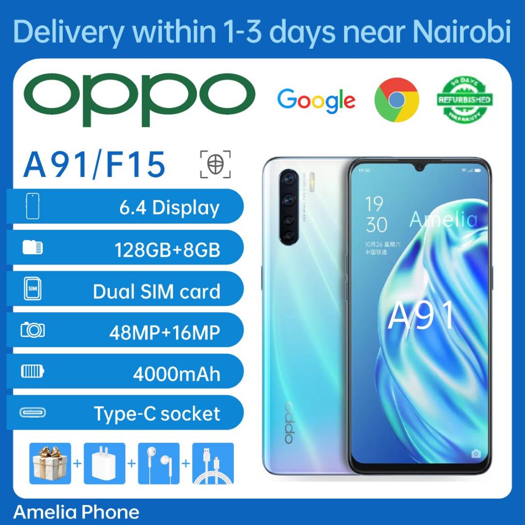 Refurbished OPPO A91 F15 smartphone 128GB 2G 3G 4G/LTE dual card smartphone 6.5-inch, no fingerprint unlocked version, facial recognition version 48MP 4000mAh