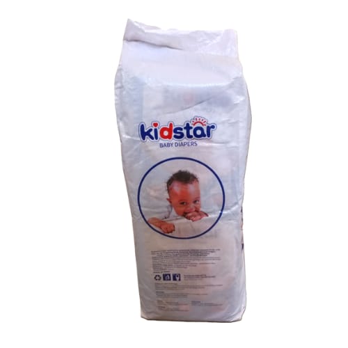 KIDSTAR BABY DIAPERS. KIDSTAR DIAPERS ALL SIZES. LARGE ABSORPTION. LOCKS WETNESSFIRMLY