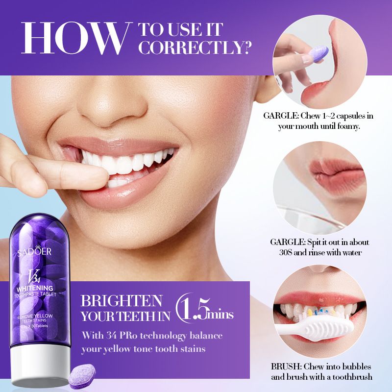 30PCS Whitening Solid Toothpaste Tablets Kenya, Natural Stain Removal, Chewable Teeth Whitener, Carry Fresh Breath Tablets With One, Grape Extract Dental Care, Travel/dating/business  Dental Kit