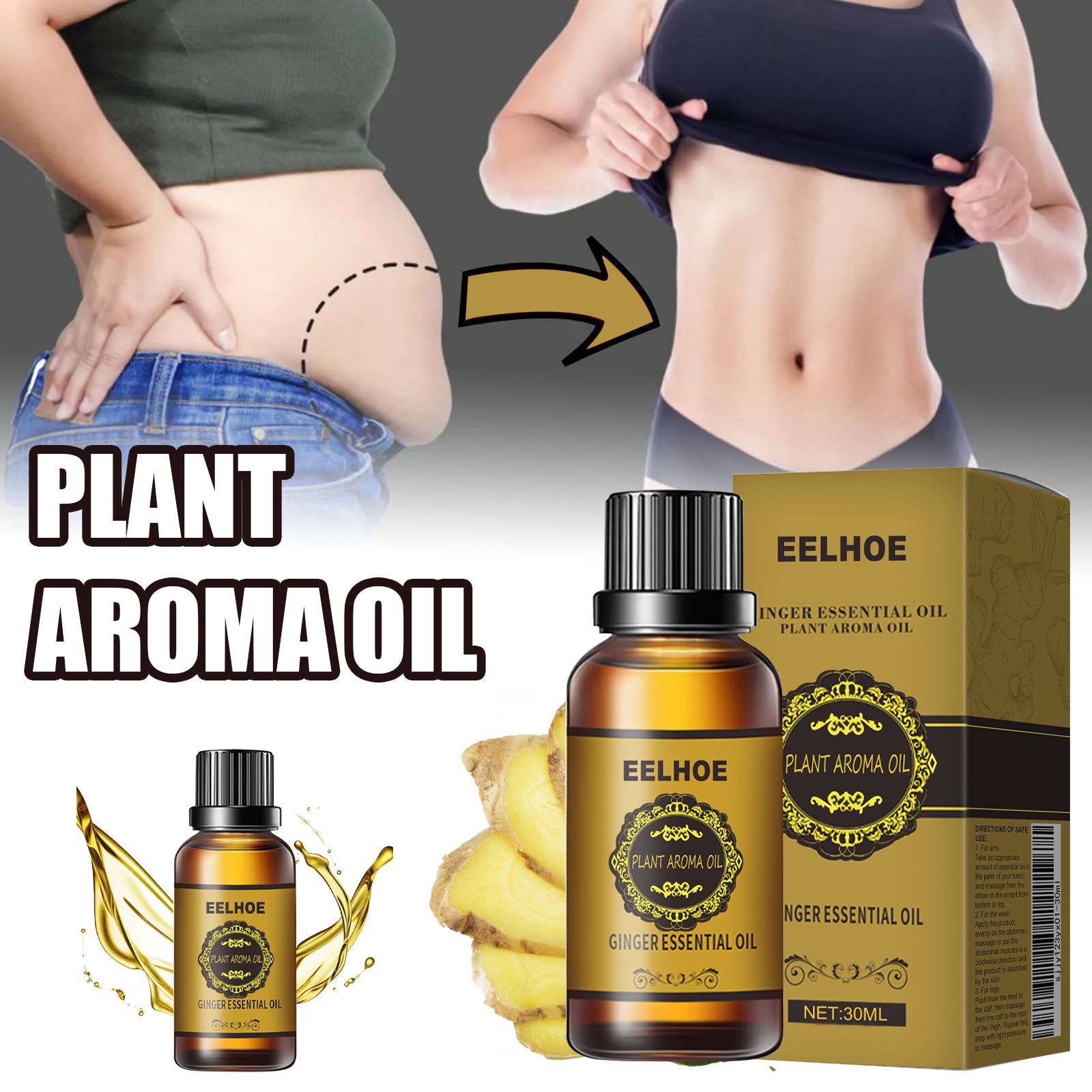 Ginger Slimming Essential Oil, firming and tightening the abdomen, reducing the belly, shaping the thighs and hands of excess fat, natural plant extracts, massage use