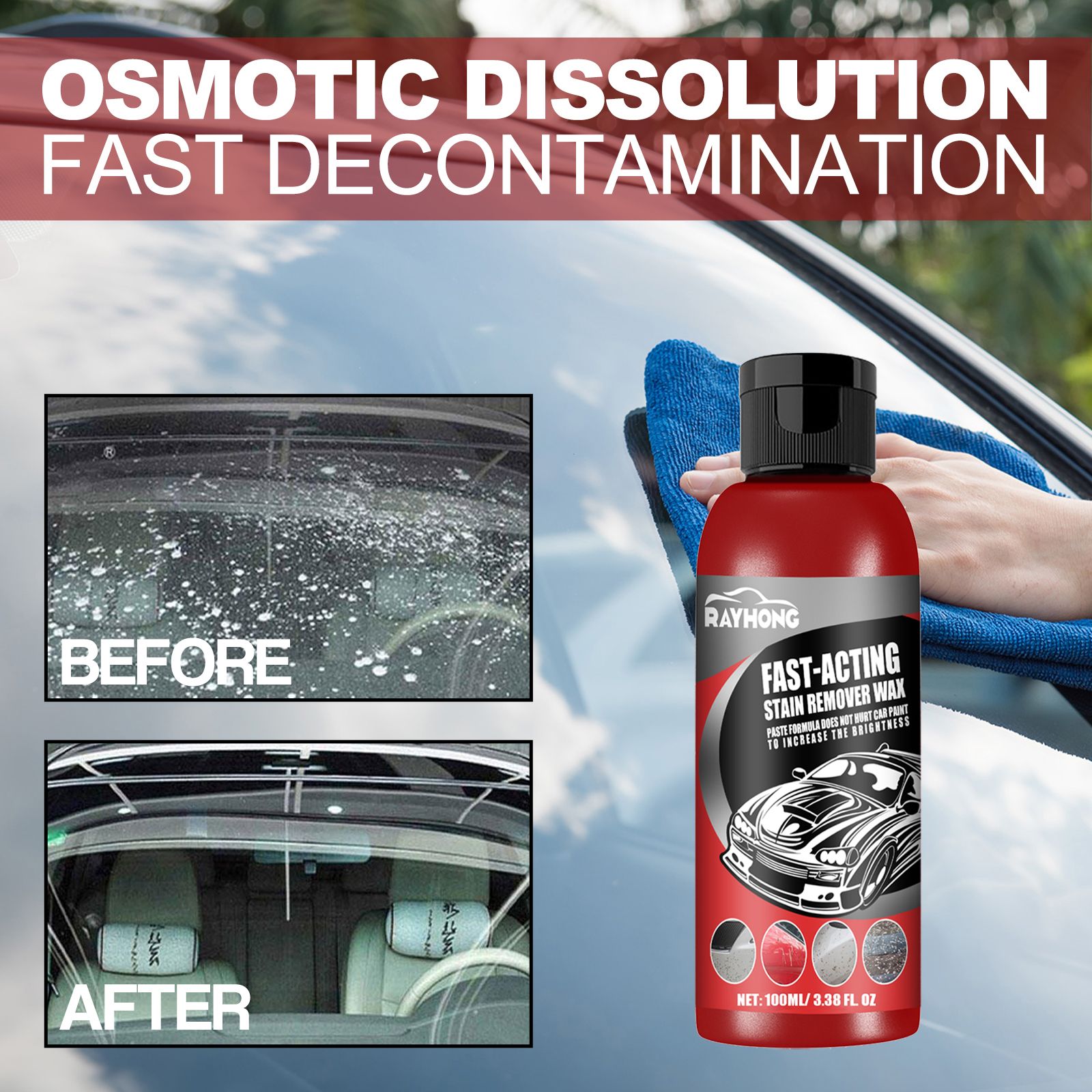 Car Fast-Acting Stain Remover Wax,Paste Formula Does Wot Eurt Car Prunt To Incbease The Brigmtmess,Automotive Remove Stubborn Stains Cleaning,Does Not Damage The Car Paint,Wipe Clean