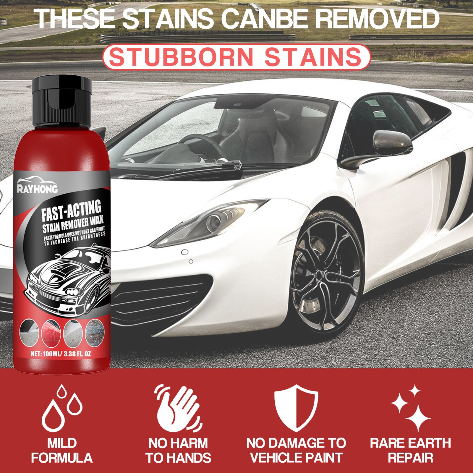 Car Fast-Acting Stain Remover Wax,Paste Formula Does Wot Eurt Car Prunt To Incbease The Brigmtmess,Automotive Remove Stubborn Stains Cleaning,Does Not Damage The Car Paint,Wipe Clean