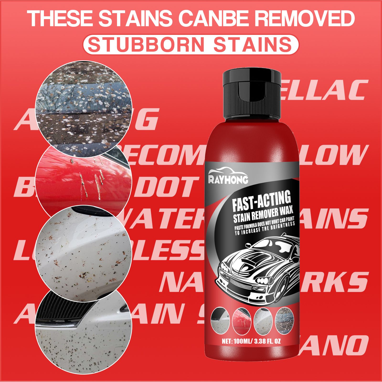 Car Fast-Acting Stain Remover Wax,Paste Formula Does Wot Eurt Car Prunt To Incbease The Brigmtmess,Automotive Remove Stubborn Stains Cleaning,Does Not Damage The Car Paint,Wipe Clean