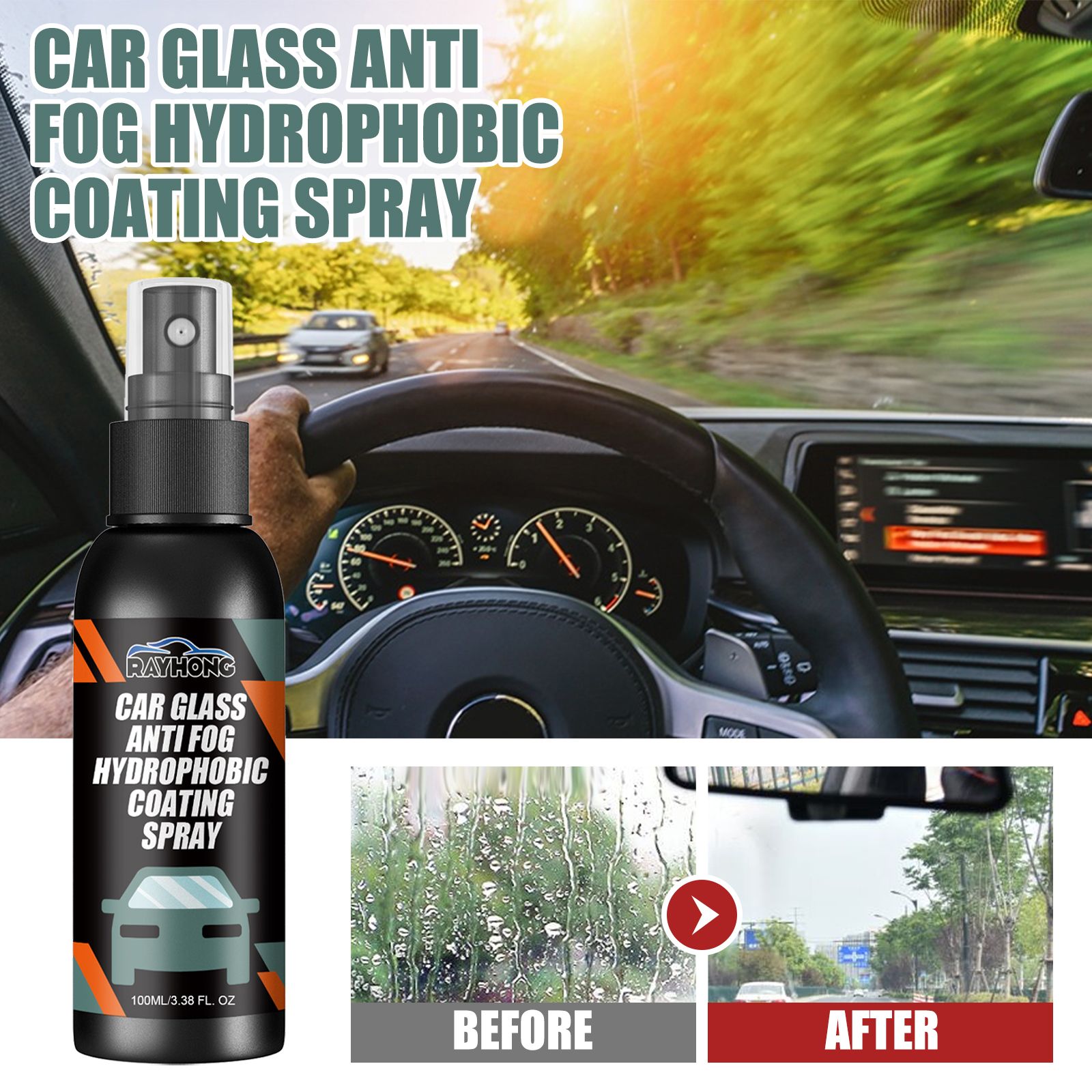 Car Glass Cleaner, Car Glass Anti Fog Hydrophobic Coating Spray, Rainproof Defogger Spray,Car Windshield Mirror Cleaning Oil Film Remover Liquid for Car Windshield,Track, Mirror, Sunglasses,Car Glass