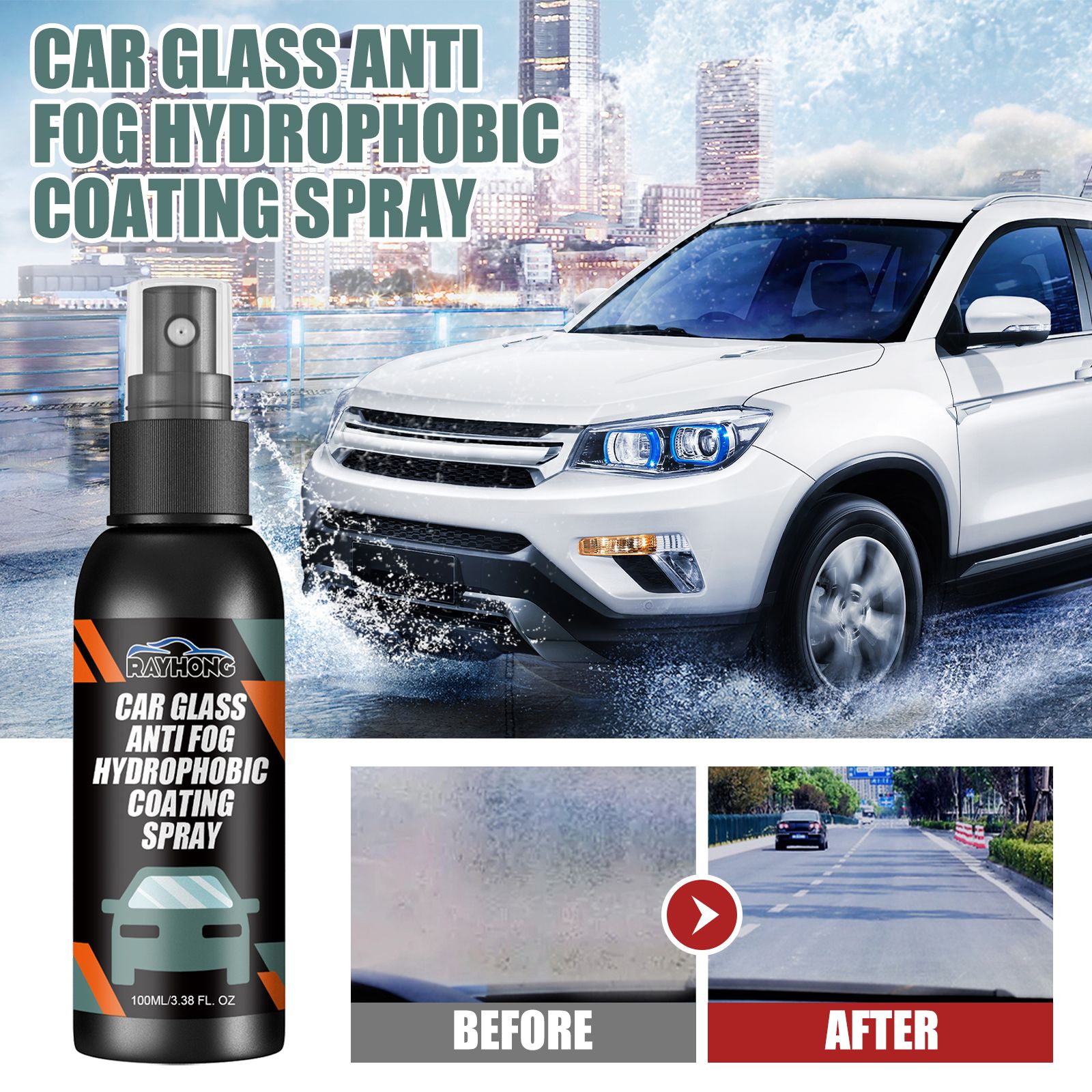 Car Glass Cleaner, Car Glass Anti Fog Hydrophobic Coating Spray, Rainproof Defogger Spray,Car Windshield Mirror Cleaning Oil Film Remover Liquid for Car Windshield,Track, Mirror, Sunglasses,Car Glass