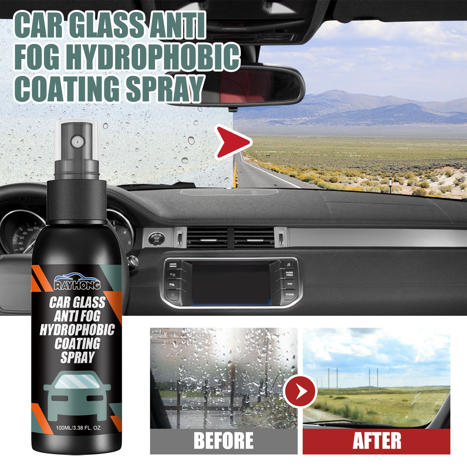 Car Glass Cleaner, Car Glass Anti Fog Hydrophobic Coating Spray, Rainproof Defogger Spray,Car Windshield Mirror Cleaning Oil Film Remover Liquid for Car Windshield,Track, Mirror, Sunglasses,Car Glass