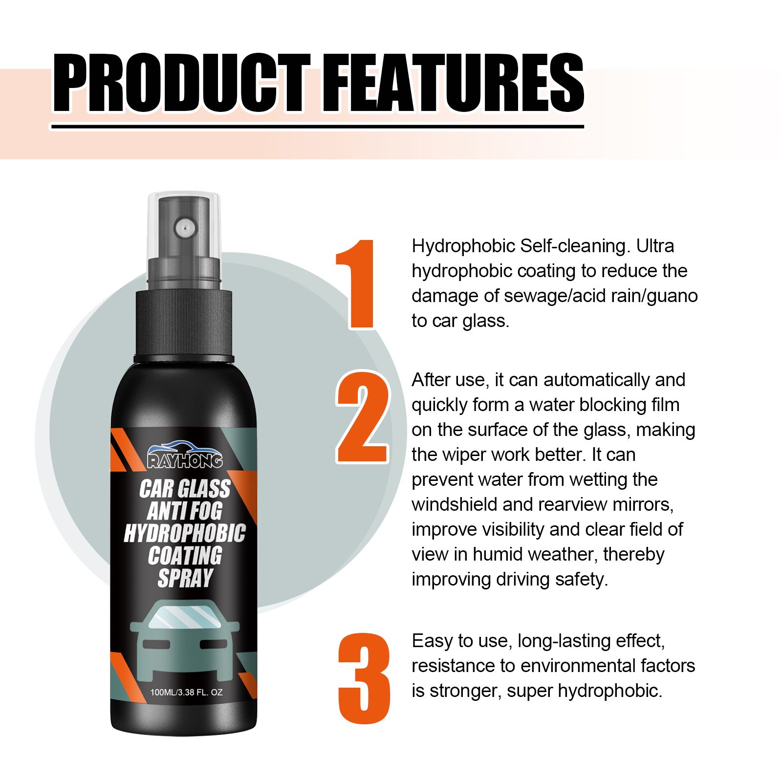 Car Glass Cleaner, Car Glass Anti Fog Hydrophobic Coating Spray, Rainproof Defogger Spray,Car Windshield Mirror Cleaning Oil Film Remover Liquid for Car Windshield,Track, Mirror, Sunglasses,Car Glass