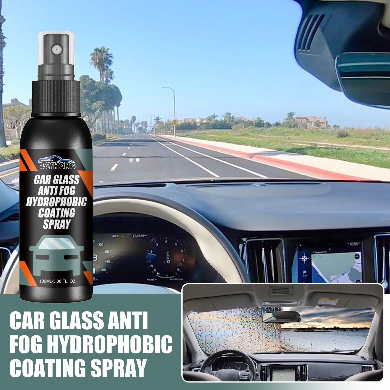 Car Glass Cleaner, Car Glass Anti Fog Hydrophobic Coating Spray, Rainproof Defogger Spray,Car Windshield Mirror Cleaning Oil Film Remover Liquid for Car Windshield,Track, Mirror, Sunglasses,Car Glass