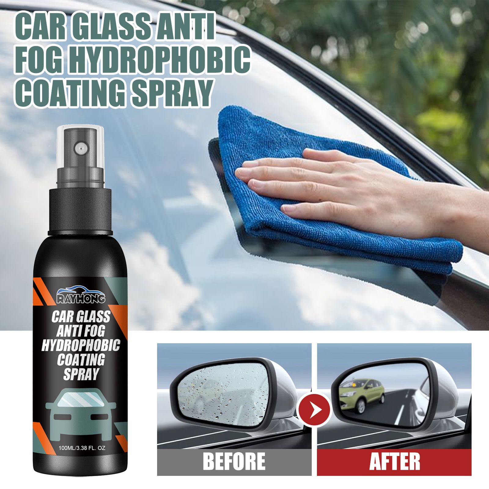 Car Glass Cleaner, Car Glass Anti Fog Hydrophobic Coating Spray, Rainproof Defogger Spray,Car Windshield Mirror Cleaning Oil Film Remover Liquid for Car Windshield,Track, Mirror, Sunglasses,Car Glass
