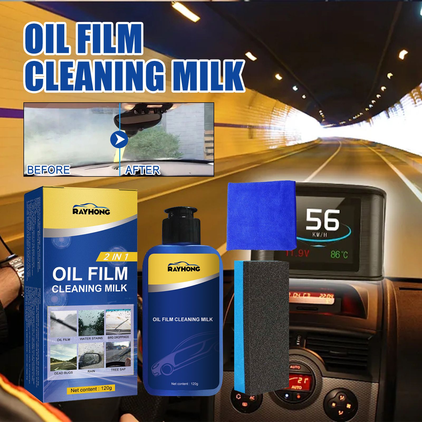 2in1 Car Windshield Oil Film Cleaner ,Automotive Front Windshield Stain Cleaner,Auto Window Stain and Oil Remover,Remove Vehicle Glass Blur